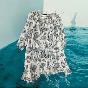 CHRISTINE PHILLIPE BOHEMIAN BLUE FLORAL 3/4 SLEEVE TIE TUNIC SHIRT DRESS 1X